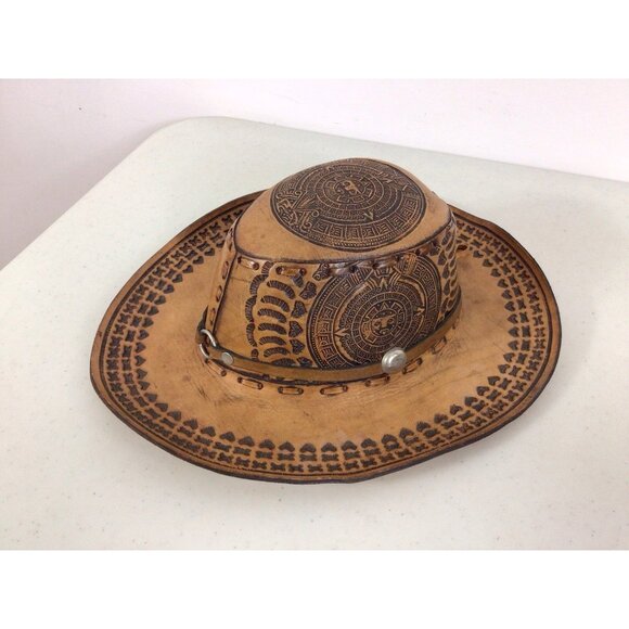 Hand Tooled Leather Cowboy Rancher Hat Western Aztec Style Womens Small - Picture 1 of 8